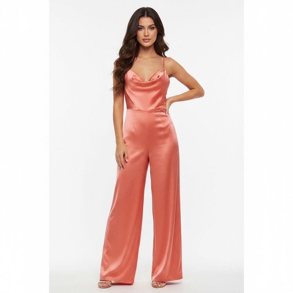 Lush Coral Orange Satin Wide Leg Jumpsuit Cowl Neck Medium Wedding Glam Formal